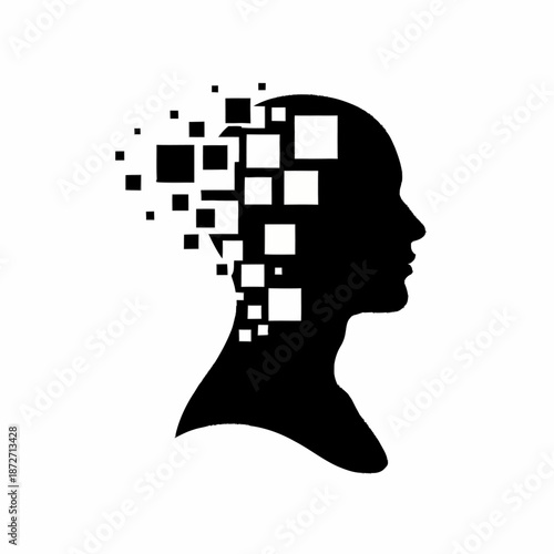 Silhouette of a human head dissolving into digital squares.