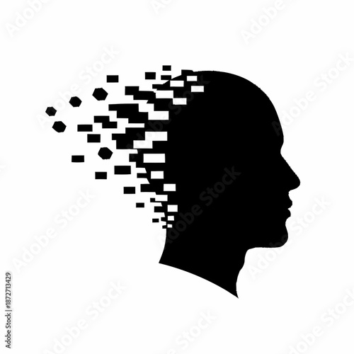 Silhouette of a human head dissolving into pixels.
