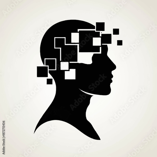 Silhouette of a human head with fragmented squares emerging.
