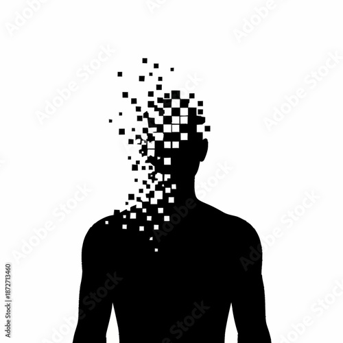 Silhouette of a person dissolving into pixels.