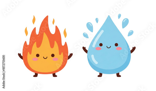 Kawaii fire and water emoticon characters cute flat doodle vector set isolated on transparent background