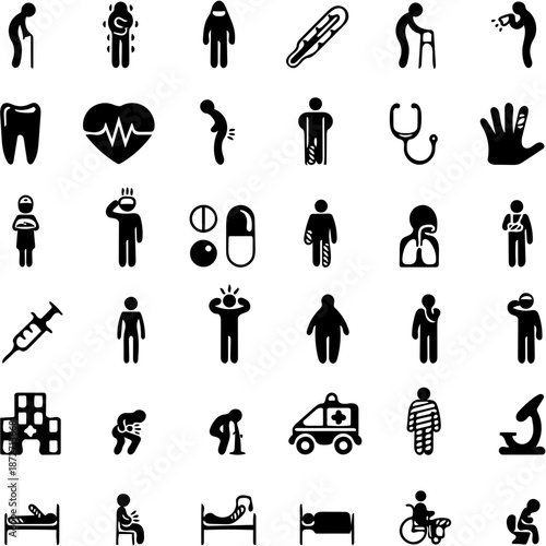 Diverse collection of health and medical silhouette icons, featuring common illnesses, patient conditions, human body ailments, and essential healthcare elements for modern design