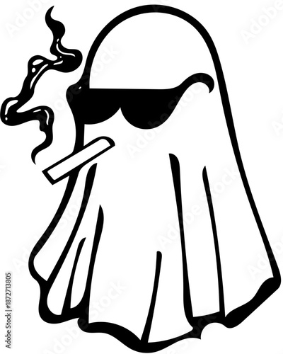 Spooky yet stylish ghost character wearing trendy sunglasses and smoking a cigar, depicted in a cool monochrome vector art illustration with a laid-back attitude