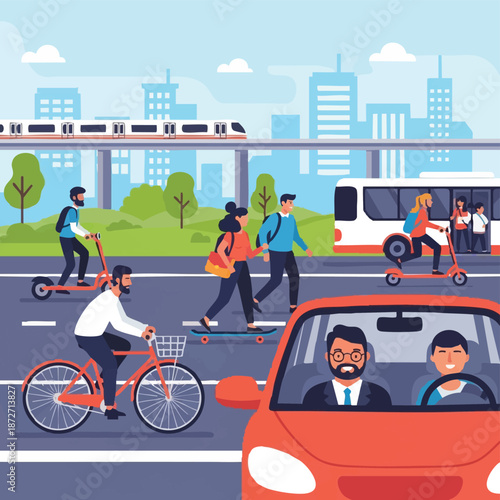 Urban Commute Scene with Car Cyclists and Train.