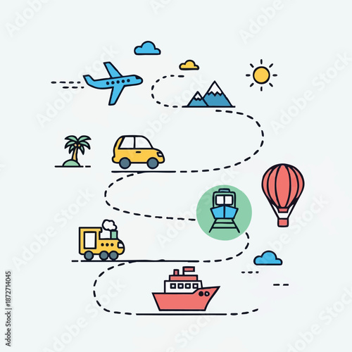 Transportation modes journey route flat design.