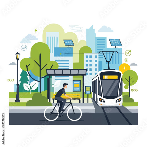 Sustainable city eco-friendly transport tram and cyclist.