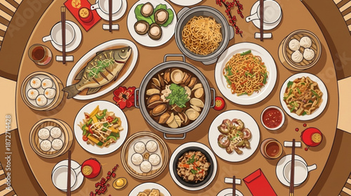 Illustration: Banquet table, traditional chinese feasts, dumplings, stir-fry dishes, home - Chinese New Year dinner, Lunar celebration, spring festival, family reunion, gathering, Asian authentic food