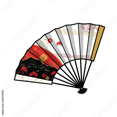 A colorful hand fan with various designs and patterns, presented on a white background. Perfect for cultural presentations, decorative designs, and educational materials.