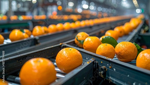 Close-up of oranges on a factory conveyor belt, rows of fruit. Focus on some. Blurry background of machinery