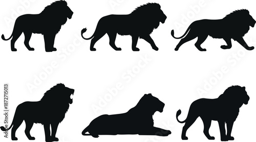Collection of lion silhouettes in various poses and actions depicted in vector illustration.
