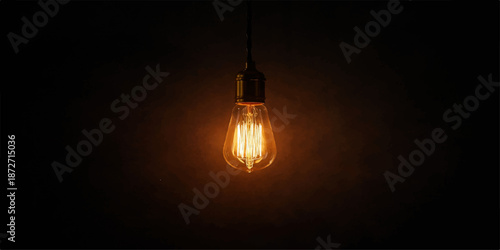 Hanging glowing electric lightbulb concept vector of bright innovation and power against a dark background