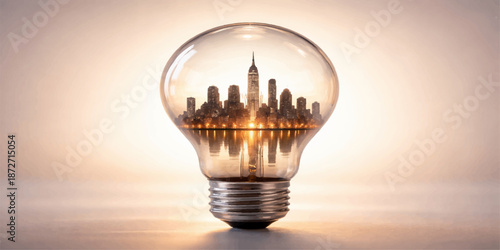Bright glowing glass light bulb against a dark background symbolizing a creative energy idea and innovation