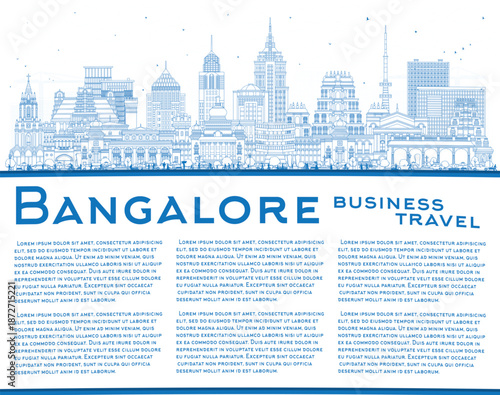 Outline Bangalore India city skyline with blue buildings and copy space. Bengaluru cityscape with landmarks. Business travel and tourism concept with modern and historic architecture.