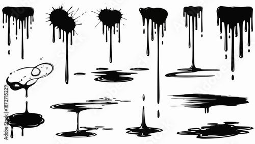 Collection of black ink splatters and drips isolated on white background.