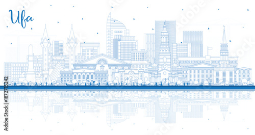 Outline Ufa Russia city skyline with blue buildings and reflections. Ufa cityscape with landmarks. Business travel and tourism concept with modern and historic architecture.
