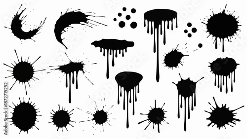 Collection of black ink splatters and drips isolated on white background.