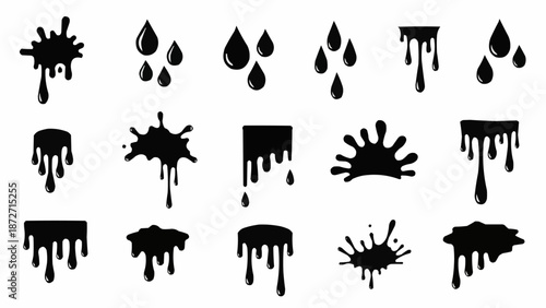 Collection of black ink splatters and drips isolated on white background.