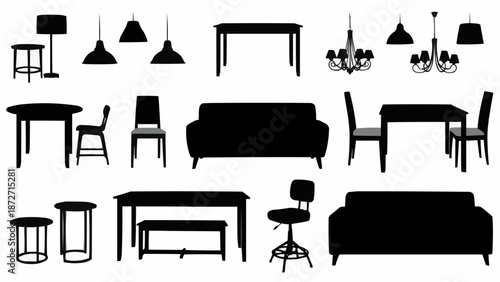 Collection of black furniture silhouettes on a white background.