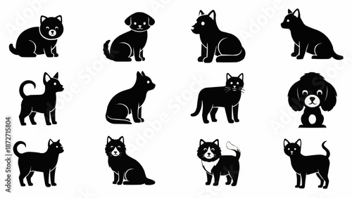 Collection of Black Silhouette Dog and Cat Icons.