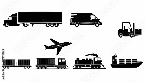 Collection of black silhouette transportation vehicles and cargo icons.