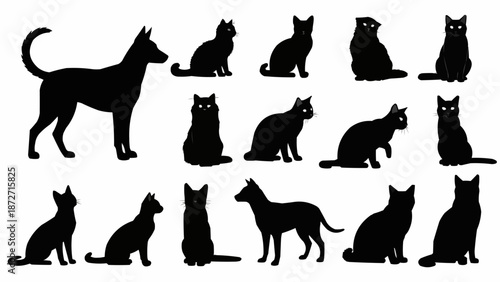 Collection of Black Silhouettes of Cats and Dogs Poses.