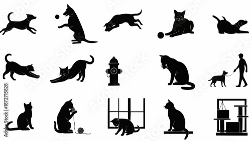Collection of Black Silhouettes of Cats and Dogs in Various Poses.