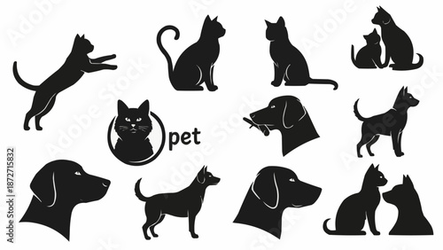 Collection of Black Silhouettes of Cats and Dogs.
