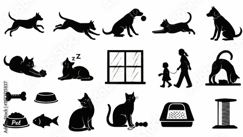 Collection of Black Silhouettes of Cats and Dogs with Pet Accessories.