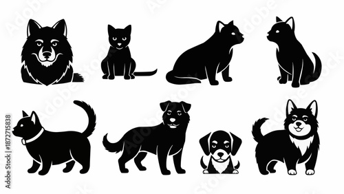 Collection of Black Silhouettes of Dogs and Cats.
