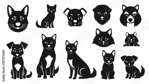 Collection of Black Silhouettes of Dogs and Cats.
