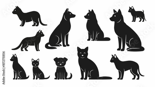 Collection of Black Silhouettes of Dogs and Cats in Various Poses.