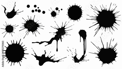 Collection of black ink splatters and drops isolated on white background.