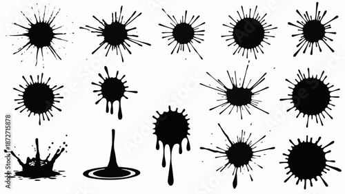 Collection of black ink splatters and drops on white background.