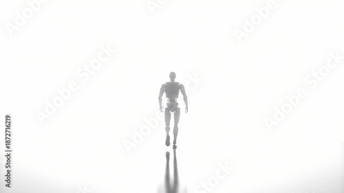 Dramatic 2K Silhouette of a Mechanical Humanoid Robot Walking Towards the Camera and Dissolving into Bright White Light for Technology Concepts HD Footage