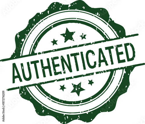 Green Authenticated Rubber Stamp Vector Isolated on White. Distressed Grunge Style Quality Assurance Seal with Stars.