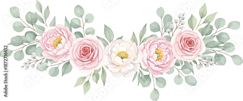 Elegant watercolor floral arrangement featuring soft pink roses and green eucalyptus leaves isolated on a clean white background