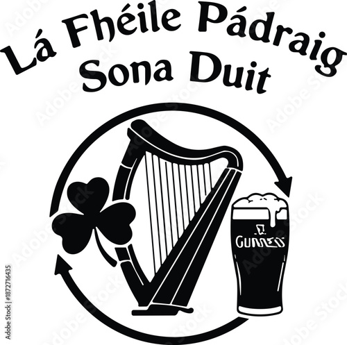 St Patricks Day Irish Harp and Beer Celebration Illustration, Silhouette, Vector, Line Art