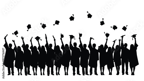 Graduation ceremony silhouettes showing students throwing hats celebrating academic success