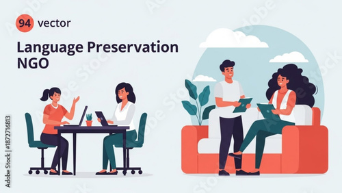 Language preservation NGO team collaborating diverse people working together for cultural heritage vector illustration for web and pr