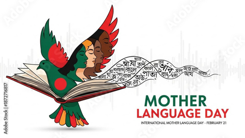 Mother Language Day illustration dove carrying book with diverse faces and script concept of unity and education February 21