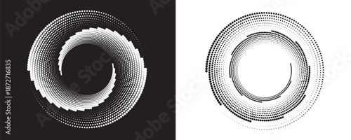 Modern abstract background. Halftone dots in circle form. Spiral logo, icon or design element. Black dots on a white background and white dots on the black side.