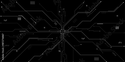 Vector futuristic white wires on a circuit board on a dark technological background. showcasing detailed technology network for modern digital projects and designs.