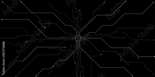 Intricate motherboard pattern with gray and white pathways on dark surface, Vector futuristic white wires on a circuit board on a dark technological background.
