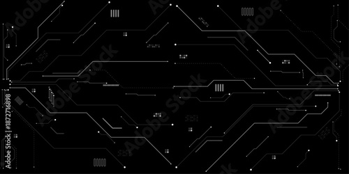 Intricate motherboard pattern with gray and white pathways on dark surface, Vector futuristic white wires on a circuit board on a dark technological background.
