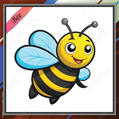 Cute cartoon bee illustration with wings, flying with a cheerful expression