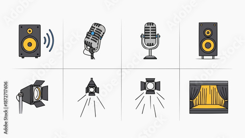 Audio equipment and lighting setup for live performances and recording sessions in a studio environment from a straightforward viewpoint.