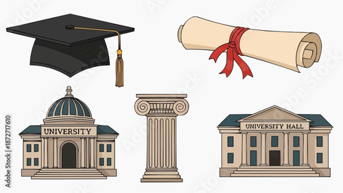 Academic symbols and university buildings illustration showcasing education and architecture in a graphic representation