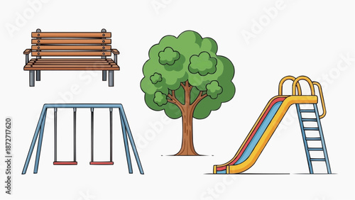 Children's playground equipment with swings, slide, bench, and tree in a recreational area from a straightforward view