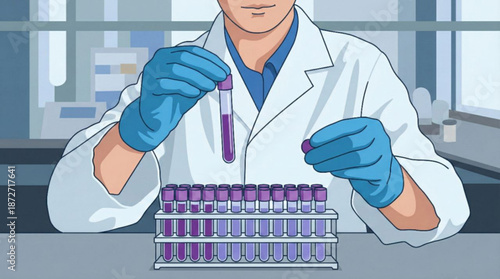 Male scientist in lab coat and gloves holding a test tube with purple liquid, clinical - science, scientific research, biotechnology, medical diagnostic, healthcare, pharmaceutical experiment 