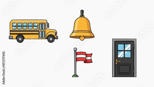 Illustration of school bus, bell, flag, and door icons arranged in a row on a plain background.
